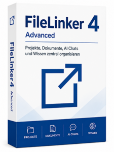 FileLinker 4 Advanced software box with blue logo and German subtitle about organizing projects, documents, AI chats and knowledge