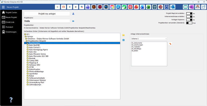 Screenshot of the FileLinker Enterprise New Project workspace.