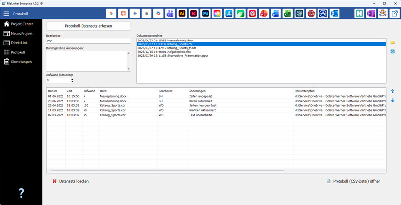 Screenshot of the FileLinker Enterprise Log workspace.