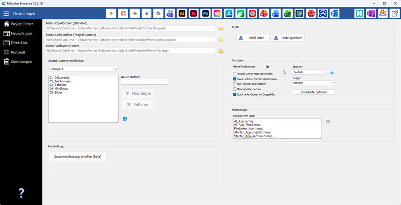 Screenshot of the FileLinker Enterprise Settings workspace showing the left navigation bar, project settings, and profile options.